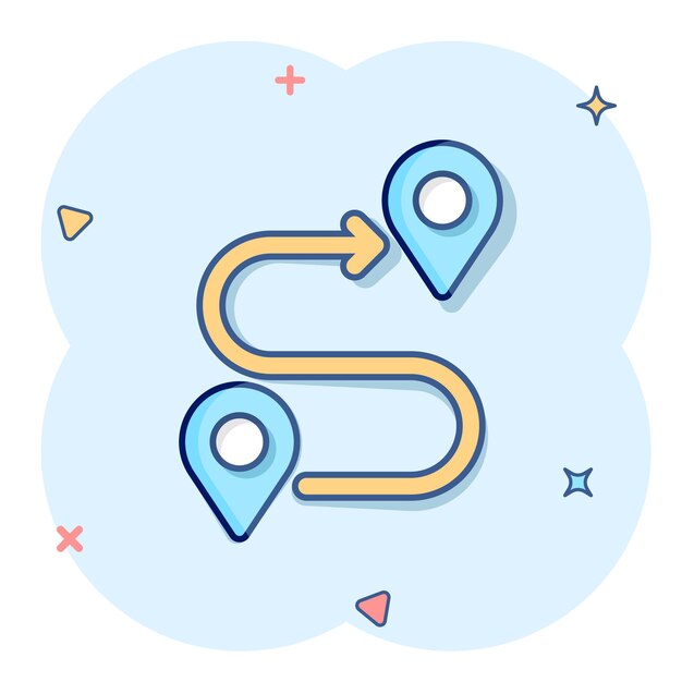 Icono de pin de mapa en estilo cómico Ilustración de vector de dibujos animados de navegación GPS sobre fondo blanco aislado Localizar posición efecto de salpicadura concepto de negocio