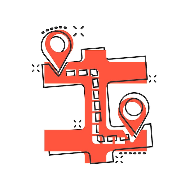 Icono de pin de mapa en estilo cómico Ilustración de vector de dibujos animados de navegación GPS sobre fondo blanco aislado Localizar posición efecto de salpicadura concepto de negocio