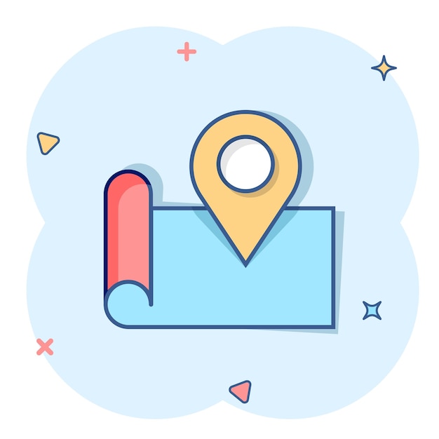 Icono de pin de mapa en estilo cómico Ilustración de vector de dibujos animados de navegación GPS sobre fondo blanco aislado Localizar posición efecto de salpicadura concepto de negocio