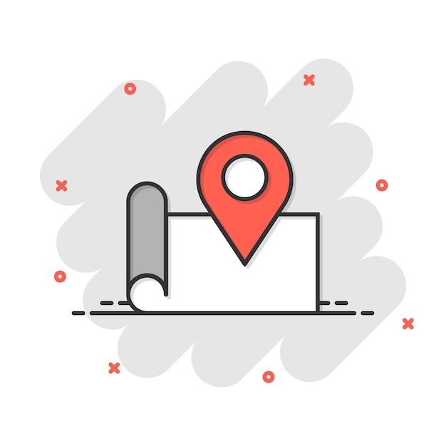 Icono de pin de mapa en estilo cómico Ilustración de vector de dibujos animados de navegación GPS sobre fondo blanco aislado Localizar posición efecto de salpicadura concepto de negocio