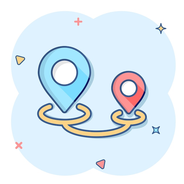 Icono de pin de mapa en estilo cómico Ilustración de vector de dibujos animados de navegación GPS sobre fondo blanco aislado Localizar posición efecto de salpicadura concepto de negocio