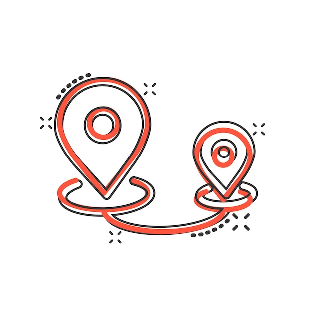 Icono de pin de mapa en estilo cómico Ilustración de vector de dibujos animados de navegación GPS sobre fondo blanco aislado Localizar posición efecto de salpicadura concepto de negocio