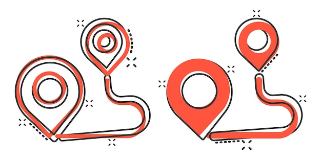 Icono de pin de mapa en estilo cómico Ilustración de vector de dibujos animados de navegación GPS sobre fondo blanco aislado Localizar posición efecto de salpicadura concepto de negocio