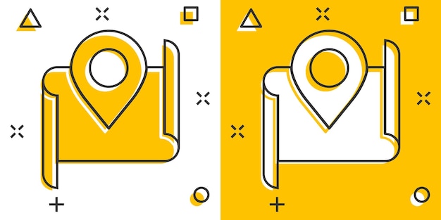 Icono de pin de mapa en estilo cómico Ilustración de vector de dibujos animados de navegación GPS sobre fondo blanco aislado Localizar posición efecto de salpicadura concepto de negocio
