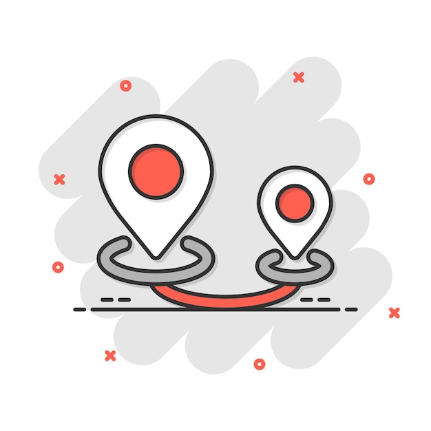 Icono de pin de mapa en estilo cómico Ilustración de vector de dibujos animados de navegación GPS sobre fondo blanco aislado Localizar posición efecto de salpicadura concepto de negocio