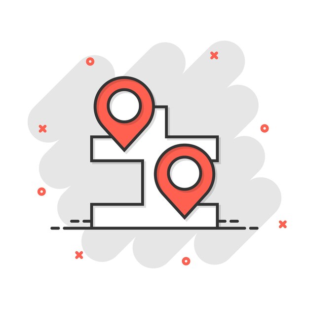 Icono de pin de mapa en estilo cómico Ilustración de vector de dibujos animados de navegación GPS sobre fondo blanco aislado Localizar posición efecto de salpicadura concepto de negocio