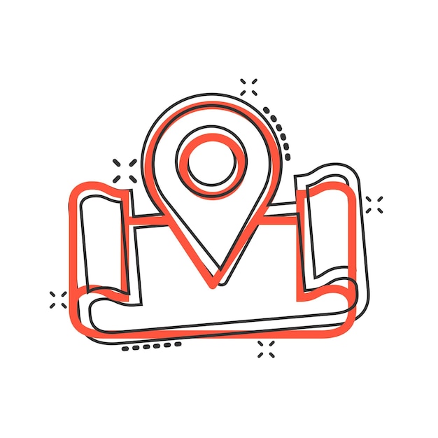 Icono de pin de mapa en estilo cómico Ilustración de vector de dibujos animados de navegación GPS sobre fondo blanco aislado Localizar posición efecto de salpicadura concepto de negocio