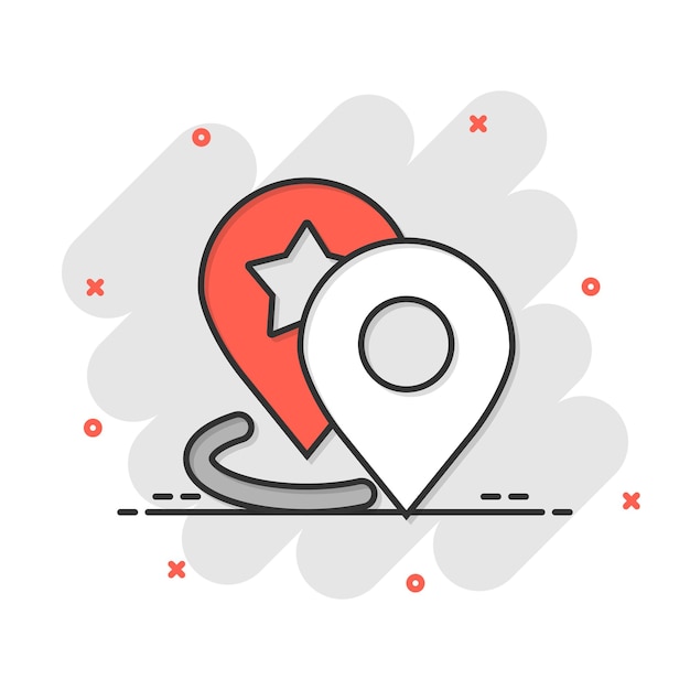 Icono de pin de mapa en estilo cómico Ilustración de vector de dibujos animados de navegación GPS sobre fondo blanco aislado Localizar posición efecto de salpicadura concepto de negocio
