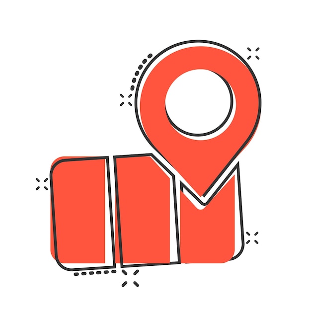 Icono de pin de mapa en estilo cómico Ilustración de vector de dibujos animados de navegación GPS sobre fondo blanco aislado Localizar posición efecto de salpicadura concepto de negocio
