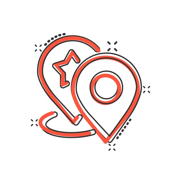 Icono de pin de mapa en estilo cómico Ilustración de vector de dibujos animados de navegación GPS sobre fondo blanco aislado Localizar posición efecto de salpicadura concepto de negocio