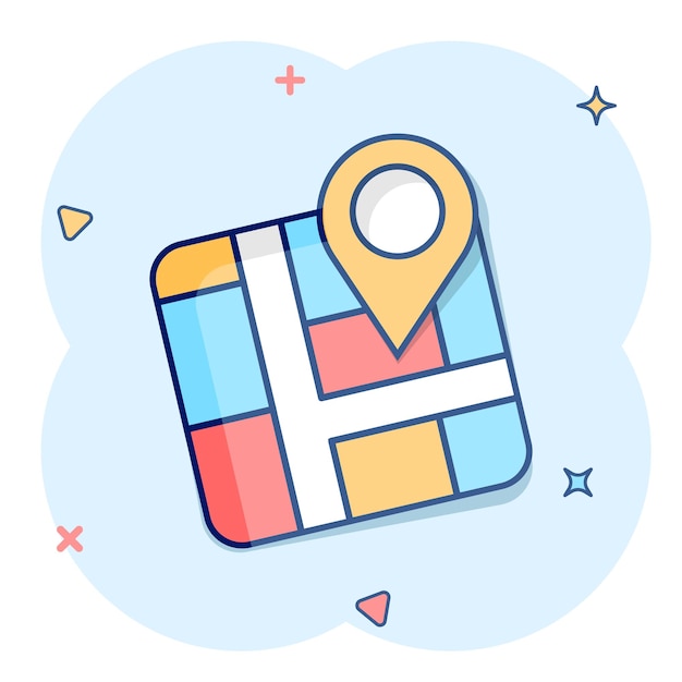 Icono de pin de mapa en estilo cómico Ilustración de vector de dibujos animados de navegación GPS sobre fondo blanco aislado Localizar posición efecto de salpicadura concepto de negocio