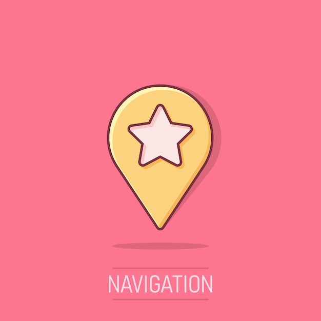 Icono de pin del mapa en estilo cómico Ilustración vectorial de dibujos animados de navegación GPS en un fondo aislado Concepto de negocio de efecto de salpicaduras de posición de localización