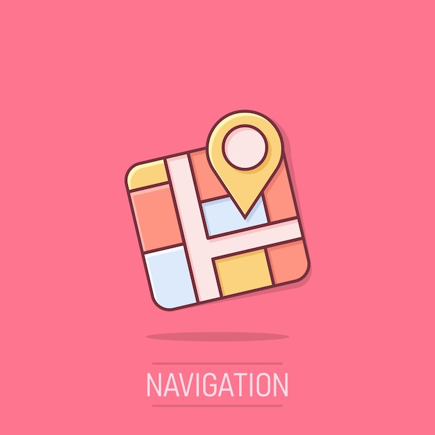 Icono de pin del mapa en estilo cómico Ilustración vectorial de dibujos animados de navegación GPS en un fondo aislado Concepto de negocio de efecto de salpicaduras de posición de localización