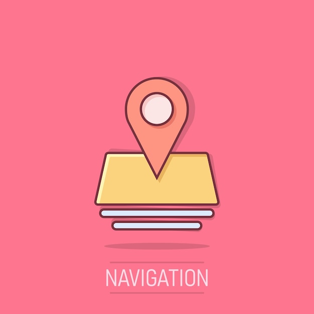 Icono de pin del mapa en estilo cómico Ilustración vectorial de dibujos animados de navegación GPS en fondo aislado Concepto de negocio de efecto de salpicaduras de posición de localización