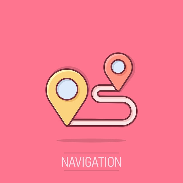 Icono de pin del mapa en estilo cómico Ilustración vectorial de dibujos animados de navegación GPS en un fondo aislado Concepto de negocio de efecto de salpicaduras de posición de localización