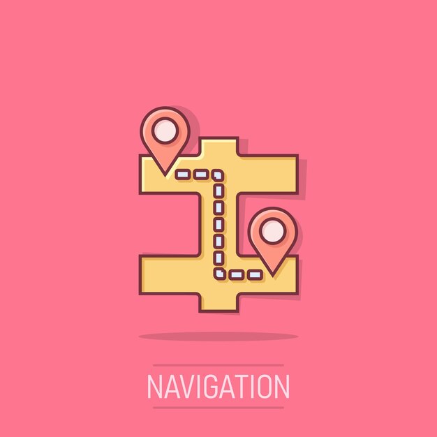Icono de pin del mapa en estilo cómico Ilustración vectorial de dibujos animados de navegación GPS en un fondo aislado Concepto de negocio de efecto de salpicaduras de posición de localización