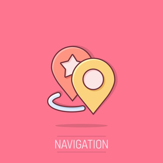 Icono de pin del mapa en estilo cómico Ilustración vectorial de dibujos animados de navegación GPS en un fondo aislado Concepto de negocio de efecto de salpicaduras de posición de localización