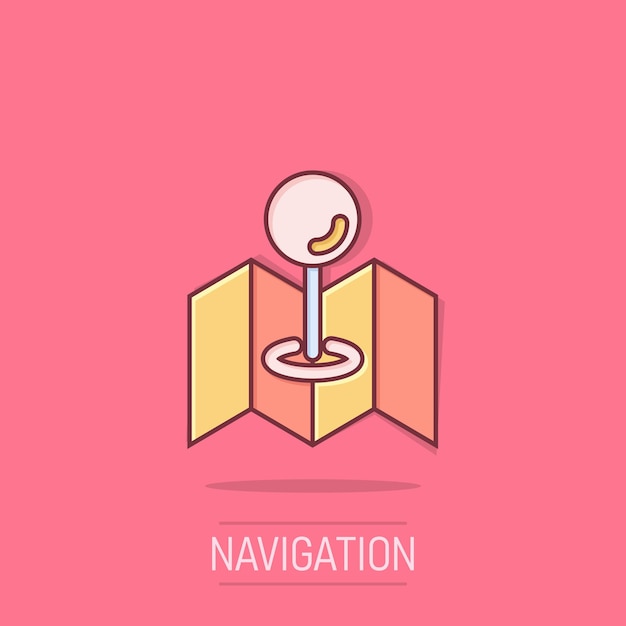 Icono de pin del mapa en estilo cómico navegación gps ilustración vectorial de dibujos animados en fondo aislado Localizar la posición efecto salpicaduras concepto de negocio