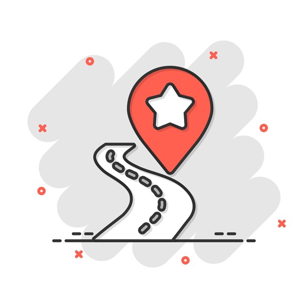 Icono de pin del mapa en estilo cómico navegación gps ilustración vectorial de dibujos animados en fondo blanco aislado Localizar la posición efecto salpicaduras concepto de negocio