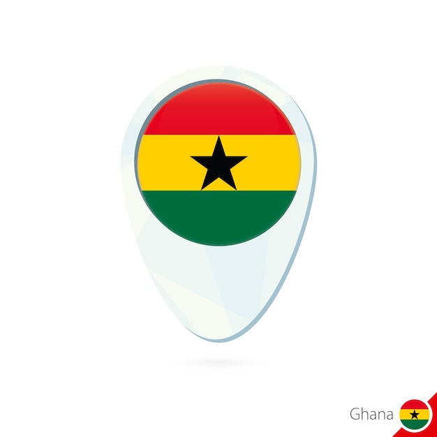 Icono de pin de mapa de ubicación de bandera de Ghana sobre fondo blanco