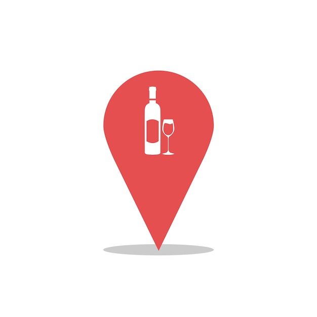 Icono de pin de mapeo plano de vino. botella de vino con una copa. punto de ubicación de tienda de vinos, bar