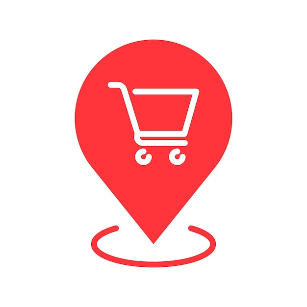 Icono de pin de la tienda de comestibles Icono de ubicación de compras en color rojo Icono de pín de mapa de ubicación de compra y venta Vector de pín del centro de compras Símbolo de silueta del carrito de compras Signo de ubicación del centro comercial Fondo blanco