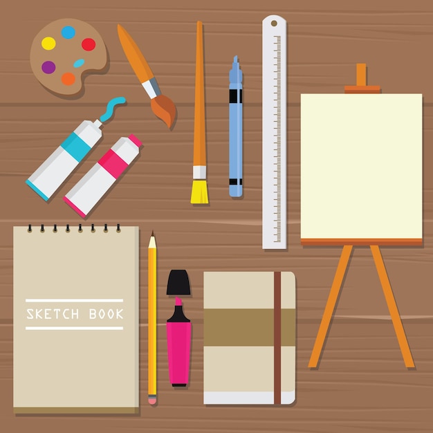 icono pintura vector objeto paleta herramientas de pintura equipo de arte pincel lienzo libro de bocetos tubo de aceite