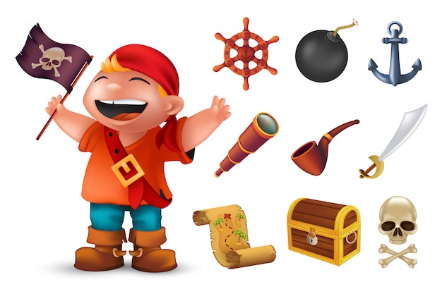 Icono de pirata marino con personaje de niño feliz, cráneo humano, sable, ancla, volante, catalejo, bomba, pipa, bandera negra de jolly roger, cofre y mapa del tesoro. ilustración aislada en blanco