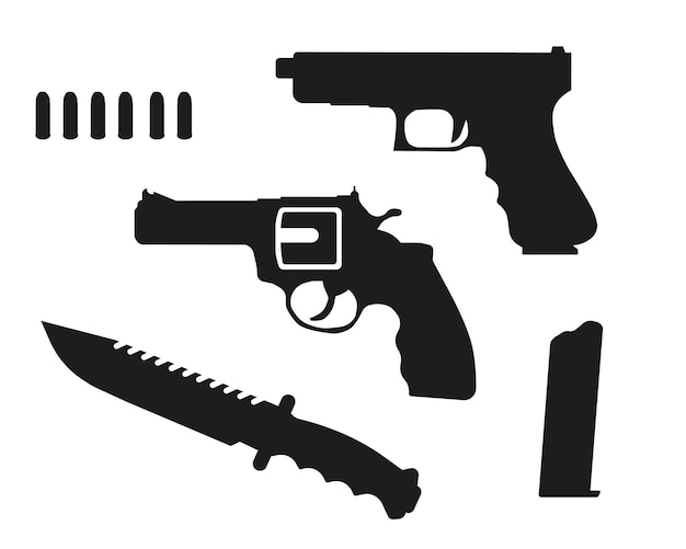 Icono de pistola, revólver y cuchillo aislado en fondo blanco