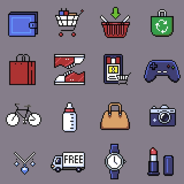 Vector icono de píxel de compras para sitio web, aplicación, impresión, documento, diseño de carteles, etc.