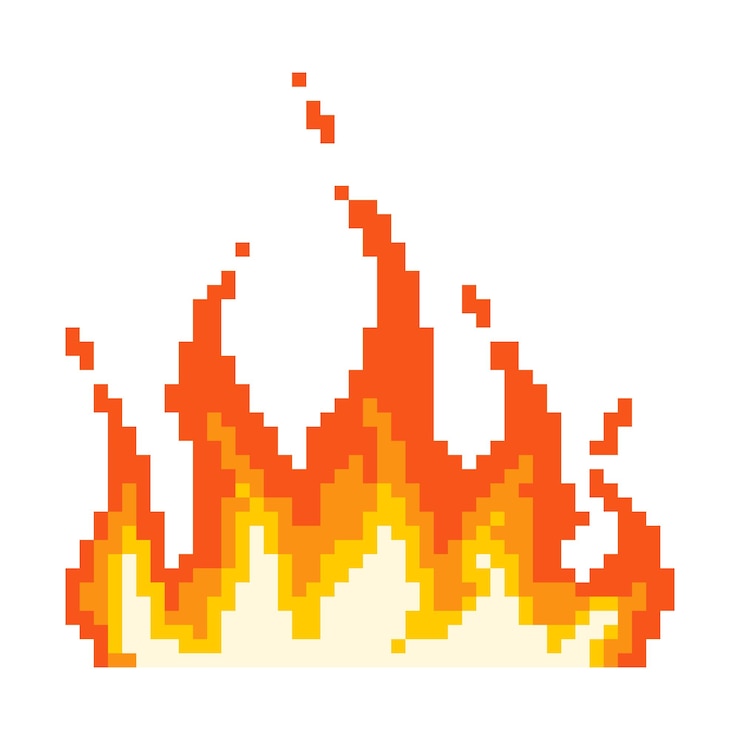 Vector ícono de píxel de fuego de llama ola de napalm quemando todo alrededor del fuego con un núcleo rojo amarillo brillante