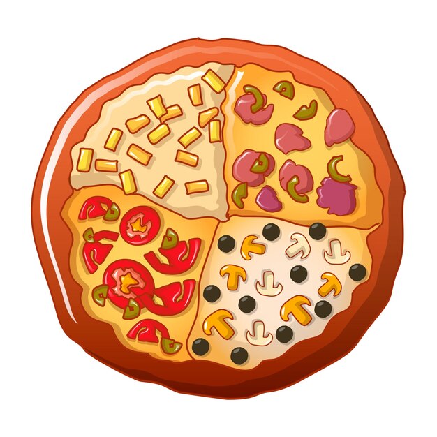 Icono de pizza de cuatro tipos Caricatura de icono de vector de pizza de cuatro tipos para diseño web aislado sobre fondo blanco