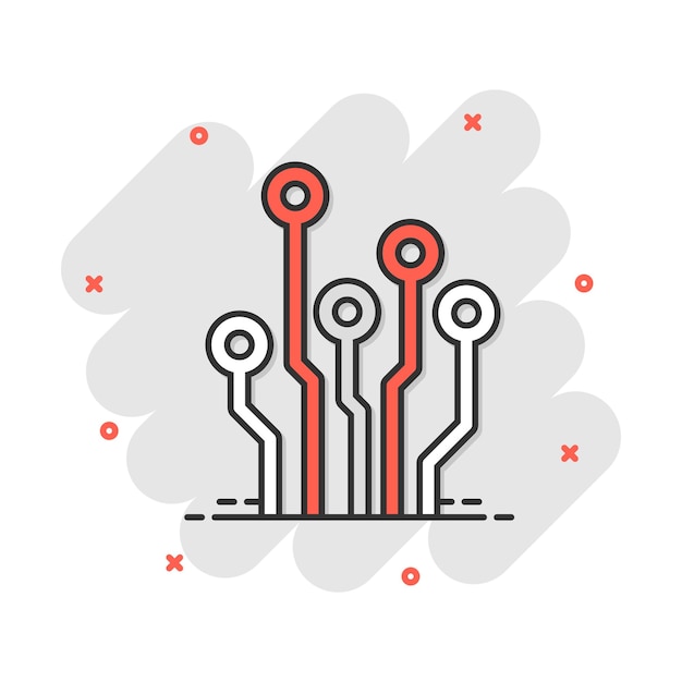 Icono de placa de circuito de dibujos animados de vector en estilo cómico Pictograma de ilustración de signo de esquema de tecnología Concepto de efecto de salpicadura de negocio de microchip