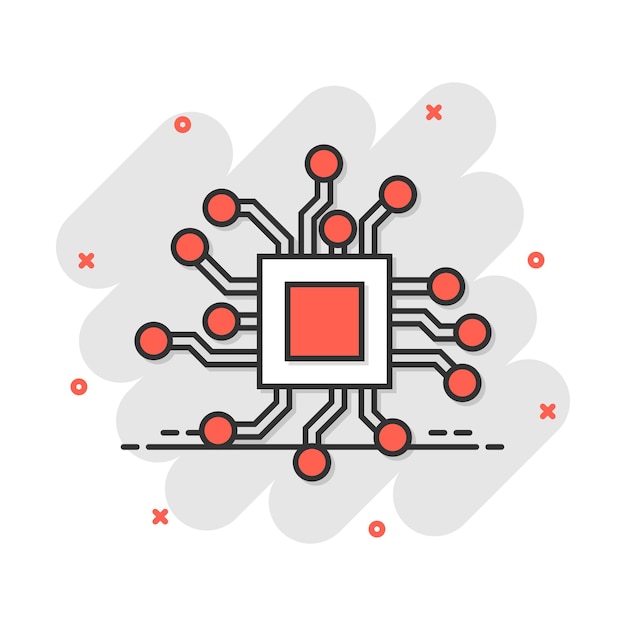 Icono de placa de circuito en estilo cómic Tecnología microchip vector ilustración de dibujos animados pictograma Procesador placa base concepto de negocio efecto salpicaduras