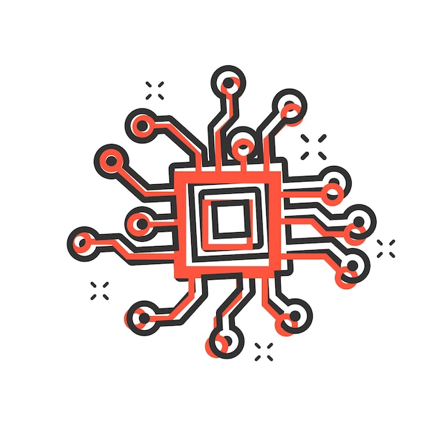 Icono de placa de circuito en estilo cómic Tecnología microchip vector ilustración de dibujos animados pictograma Procesador placa base concepto de negocio efecto salpicaduras