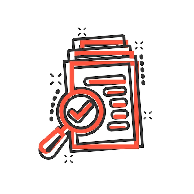Icono de plan de documento de escrutinio en estilo cómico Declaración de revisión vector pictograma de ilustración de dibujos animados Documento con efecto de salpicadura de concepto de negocio de lupa