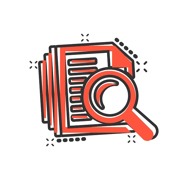Icono de plan de documento de escrutinio en estilo cómico Declaración de revisión vector pictograma de ilustración de dibujos animados Documento con efecto de salpicadura de concepto de negocio de lupa
