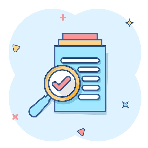 Icono de plan de documento de escrutinio en estilo cómico Declaración de revisión vector pictograma de ilustración de dibujos animados Documento con efecto de salpicadura de concepto de negocio de lupa