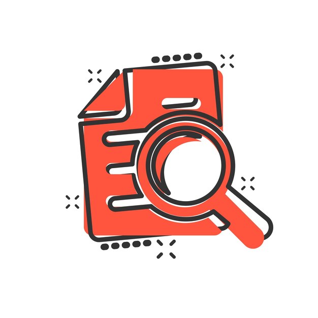 Icono de plan de documento de escrutinio en estilo cómico Declaración de revisión vector pictograma de ilustración de dibujos animados Documento con efecto de salpicadura de concepto de negocio de lupa