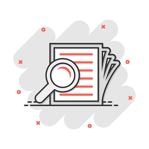 Icono de plan de documento de escrutinio en estilo cómico Declaración de revisión vector pictograma de ilustración de dibujos animados Documento con efecto de salpicadura de concepto de negocio de lupa