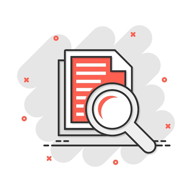 Icono de plan de documento de escrutinio en estilo cómico Declaración de revisión vector pictograma de ilustración de dibujos animados Documento con efecto de salpicadura de concepto de negocio de lupa