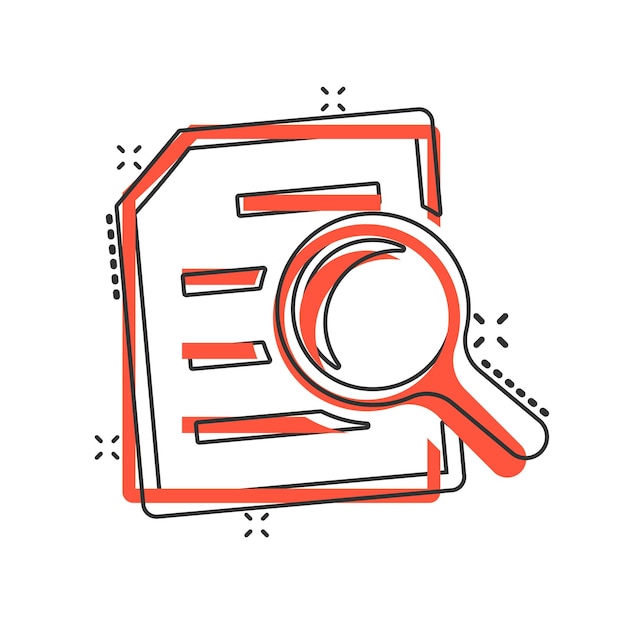 Icono de plan de documento de escrutinio en estilo cómico Declaración de revisión vector pictograma de ilustración de dibujos animados Documento con efecto de salpicadura de concepto de negocio de lupa