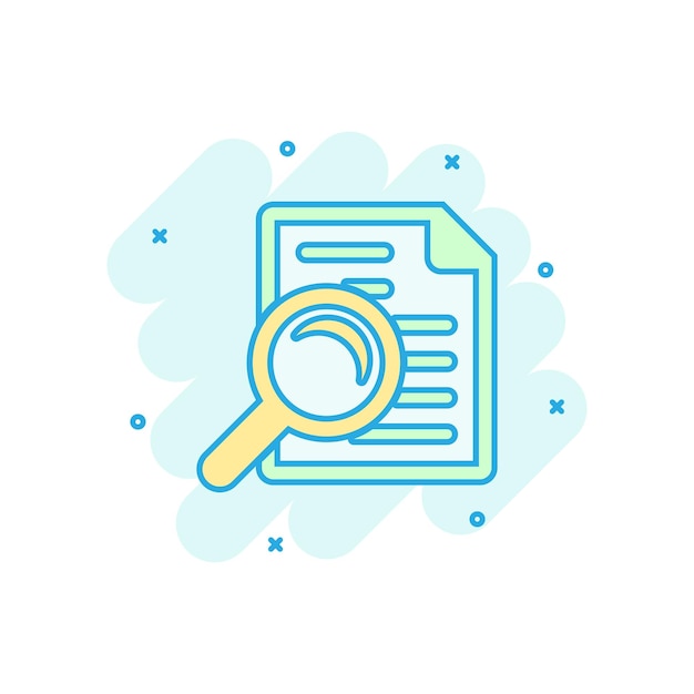Icono de plan de documento de escrutinio en estilo cómico Declaración de revisión vector pictograma de ilustración de dibujos animados Documento con efecto de salpicadura de concepto de negocio de lupa