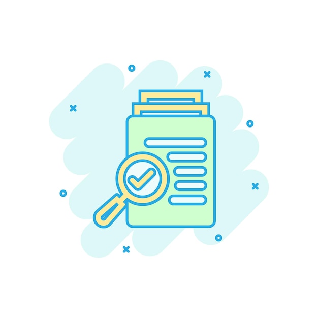 Icono de plan de documento de escrutinio en estilo cómico Declaración de revisión vector pictograma de ilustración de dibujos animados Documento con efecto de salpicadura de concepto de negocio de lupa