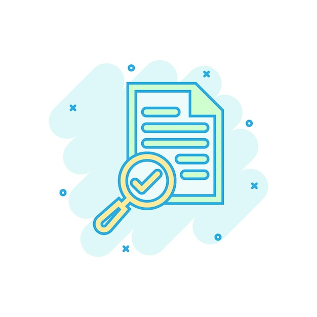 Icono de plan de documento de escrutinio en estilo cómico Declaración de revisión vector pictograma de ilustración de dibujos animados Documento con efecto de salpicadura de concepto de negocio de lupa