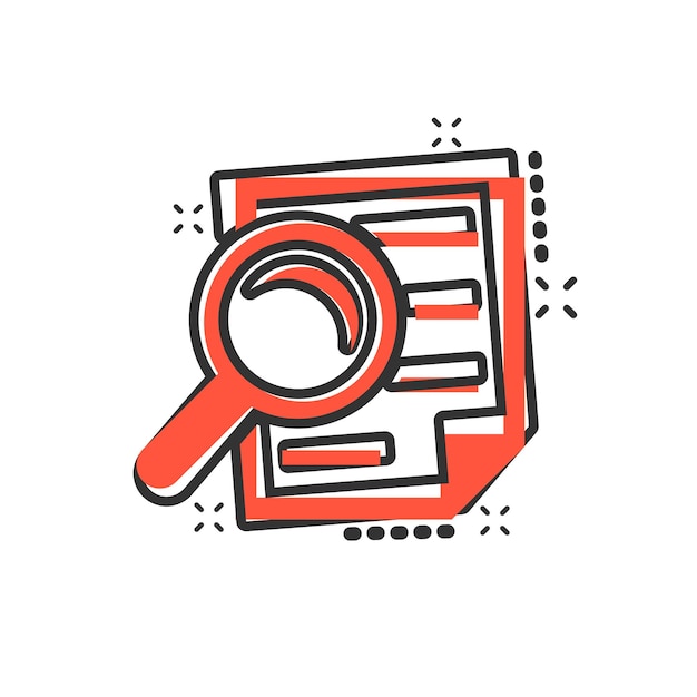 Icono de plan de documento de escrutinio en estilo cómico Declaración de revisión vector pictograma de ilustración de dibujos animados Documento con efecto de salpicadura de concepto de negocio de lupa