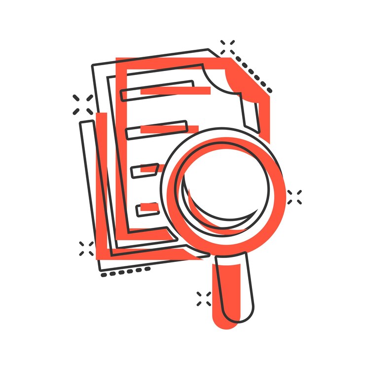 Vector icono de plan de documento de escrutinio en estilo cómico pictograma de ilustración de dibujos animados de vector de declaración de revisión documento con efecto de salpicadura de concepto de negocio de lupa lupa