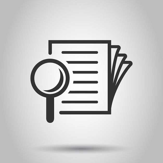 Icono del plan del documento de escrutinio en estilo plano Ilustración vectorial de la declaración de revisión en fondo blanco Documento con lupa concepto de negocio