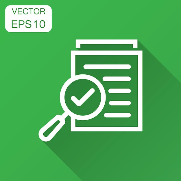 Icono del plan del documento de escrutinio en estilo plano Ilustración vectorial de la declaración de revisión con sombra larga Documento con lupa concepto de negocio