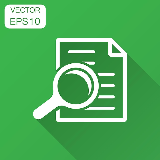 Icono del plan del documento de escrutinio en estilo plano Ilustración vectorial de la declaración de revisión con sombra larga Documento con lupa concepto de negocio